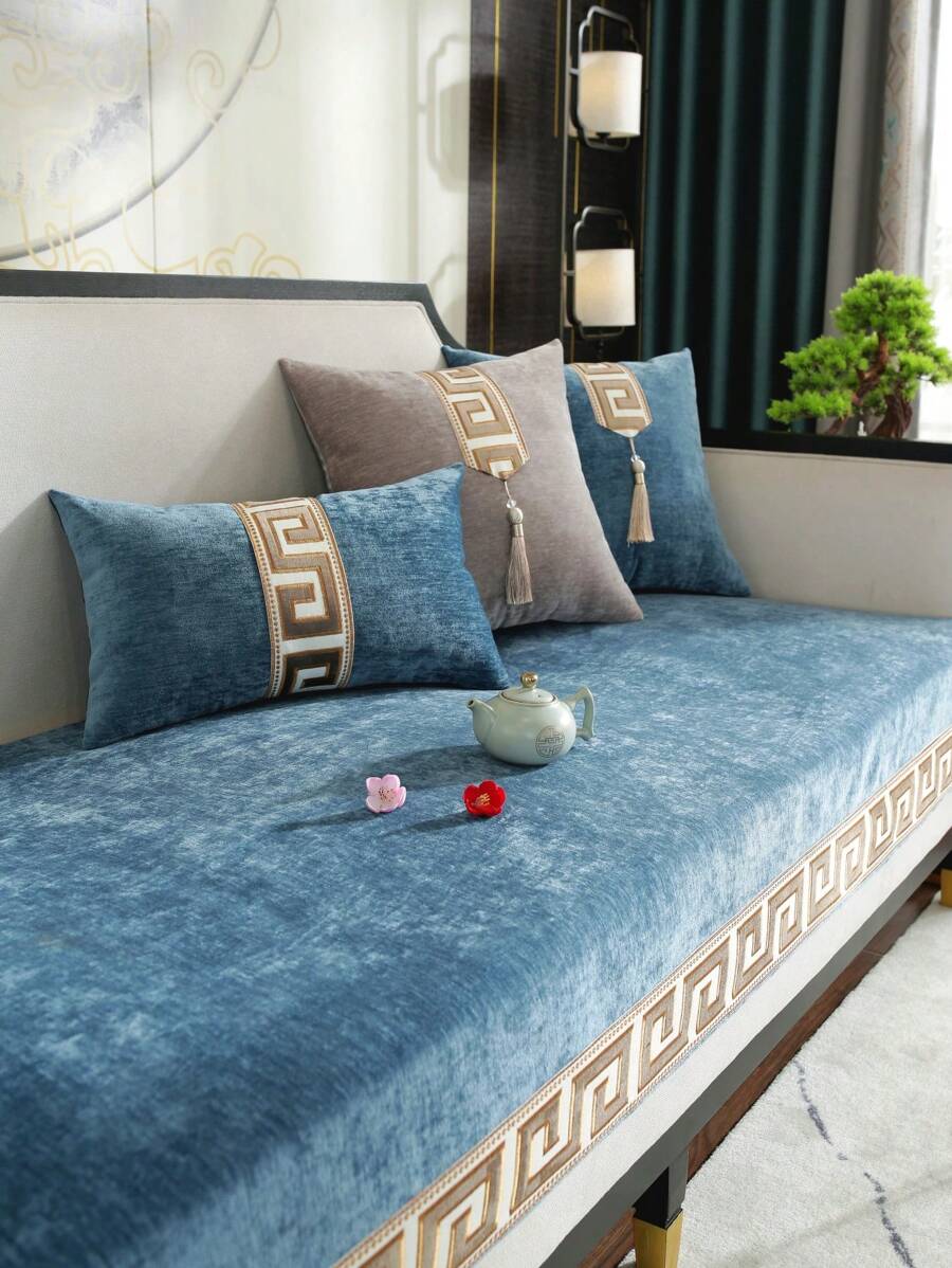 1 Máy Tính Thiết Kế Hình Học Sofa Khăn Hiện Đại Polyester Chống Trơn Trượt Khăn Cho Ghế Sofa Gia Đình, Tất Cả Các Mùa - Xanh đậm - Xem 1