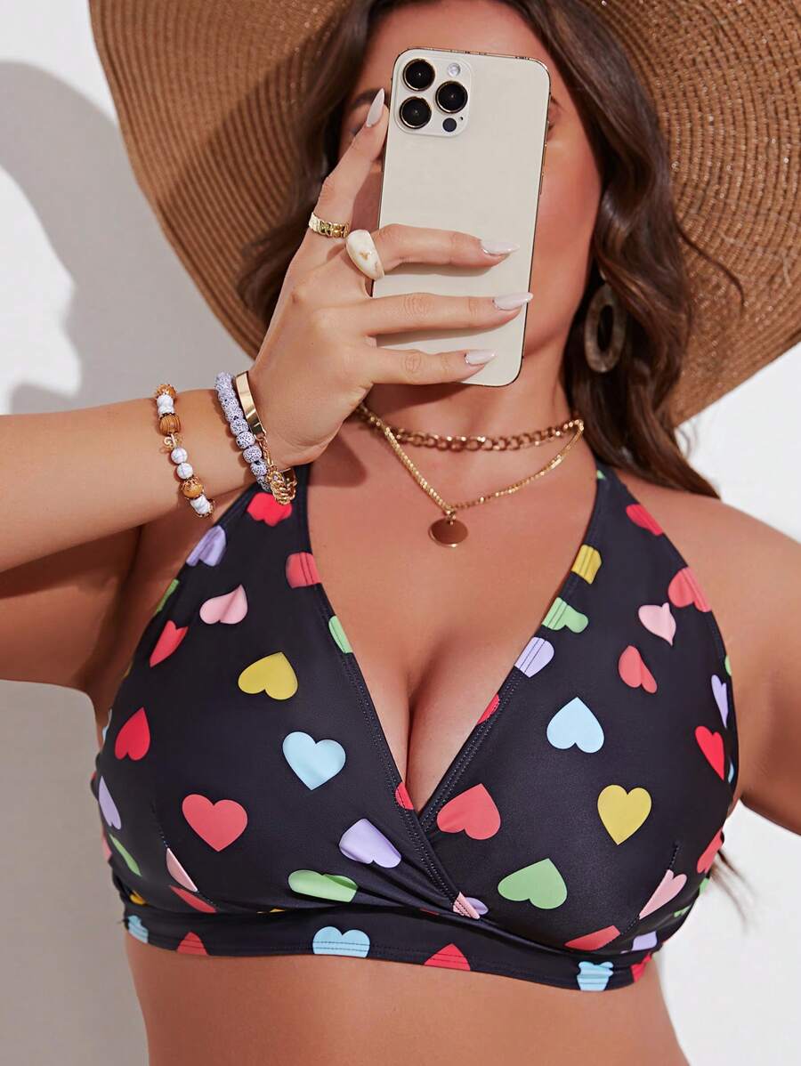 Swim Mod Summer Beach Plus Heart Print Halter Bikini Top/Valentine's Day - Black - View 1
