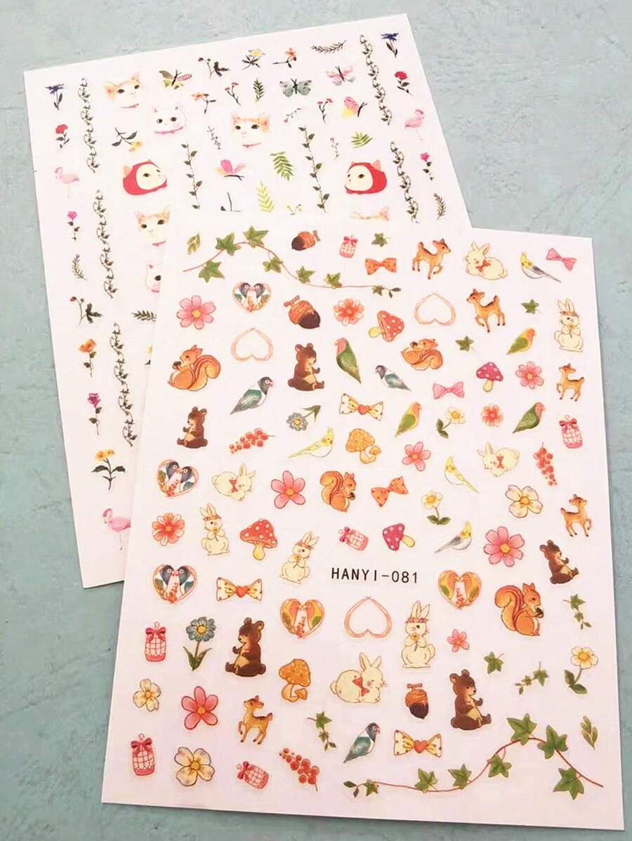 2張帶有鬆鼠、鸚鵡和貓秋季主題指甲貼 - 彩色 - 查看 1