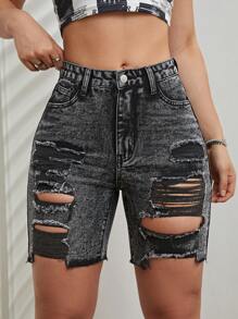 SHEIN EZwear 破洞毛邊牛仔短褲 - 深灰色 - 查看 1