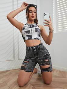 SHEIN EZwear 破洞毛邊牛仔短褲 - 深灰色 - 查看 6