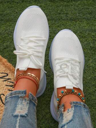 女性極簡風格織物前繫帶運動運動鞋