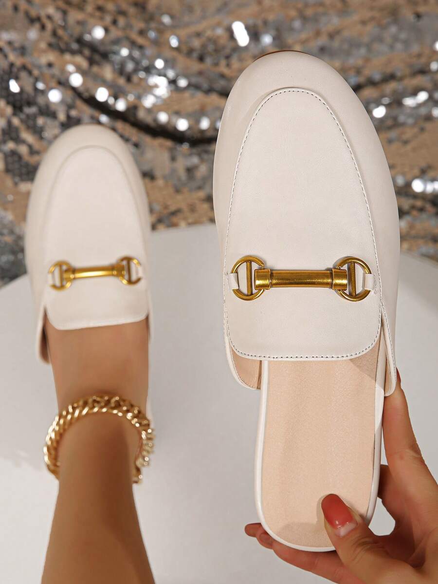 女性金屬裝飾平底人造皮革優雅平底鞋 - 米色 - 查看 1