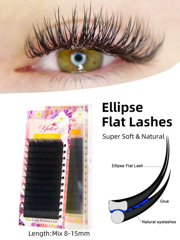 1 caja de extensiones de pestañas postizas individuales planas de color negro en forma de elipse, 12 filas, súper suaves, para maquillaje, longitud mixta de 8-15 mm, racimos de pestañas, pestañas individuales, pestañas postizas