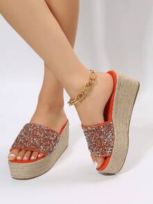 Vacation Red Sandals For Women, Sequins Decor Espadrille Wedge Slide Sandals - Orange - View 1