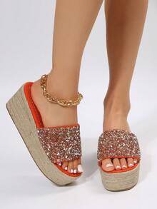 Vacation Red Sandals For Women, Sequins Decor Espadrille Wedge Slide Sandals - Orange - View 4