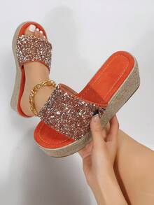 Vacation Red Sandals For Women, Sequins Decor Espadrille Wedge Slide Sandals - Orange - View 7