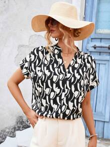 SHEIN LUNE Allover Print Batwing Sleeve Blouse - Multicolor - View 1