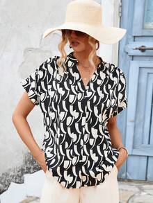 SHEIN LUNE Allover Print Batwing Sleeve Blouse - Multicolor - View 5