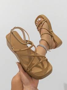 Elegant Brown Sandals For Women, Criss Cross Flatform Ankle Strap Sandals - Brown - View 2