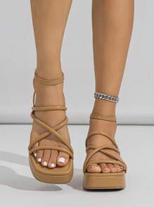 Elegant Brown Sandals For Women, Criss Cross Flatform Ankle Strap Sandals - Brown - View 5
