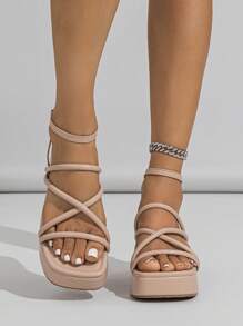 Giày sandal thanh lịch dành cho nữ, sandal đế bằng nhiều quai mảnh, kiểu dáng cổ thấp, phù hợp với trang phục mùa xuân hè. - Màu Khaki - Xem 2