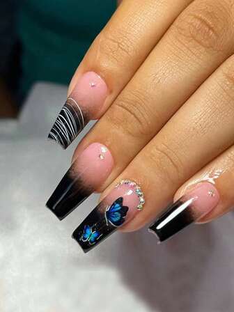 24入組棺材形狀蝴蝶指甲設計帶1入組指甲銼和1入組手甲果凍膠