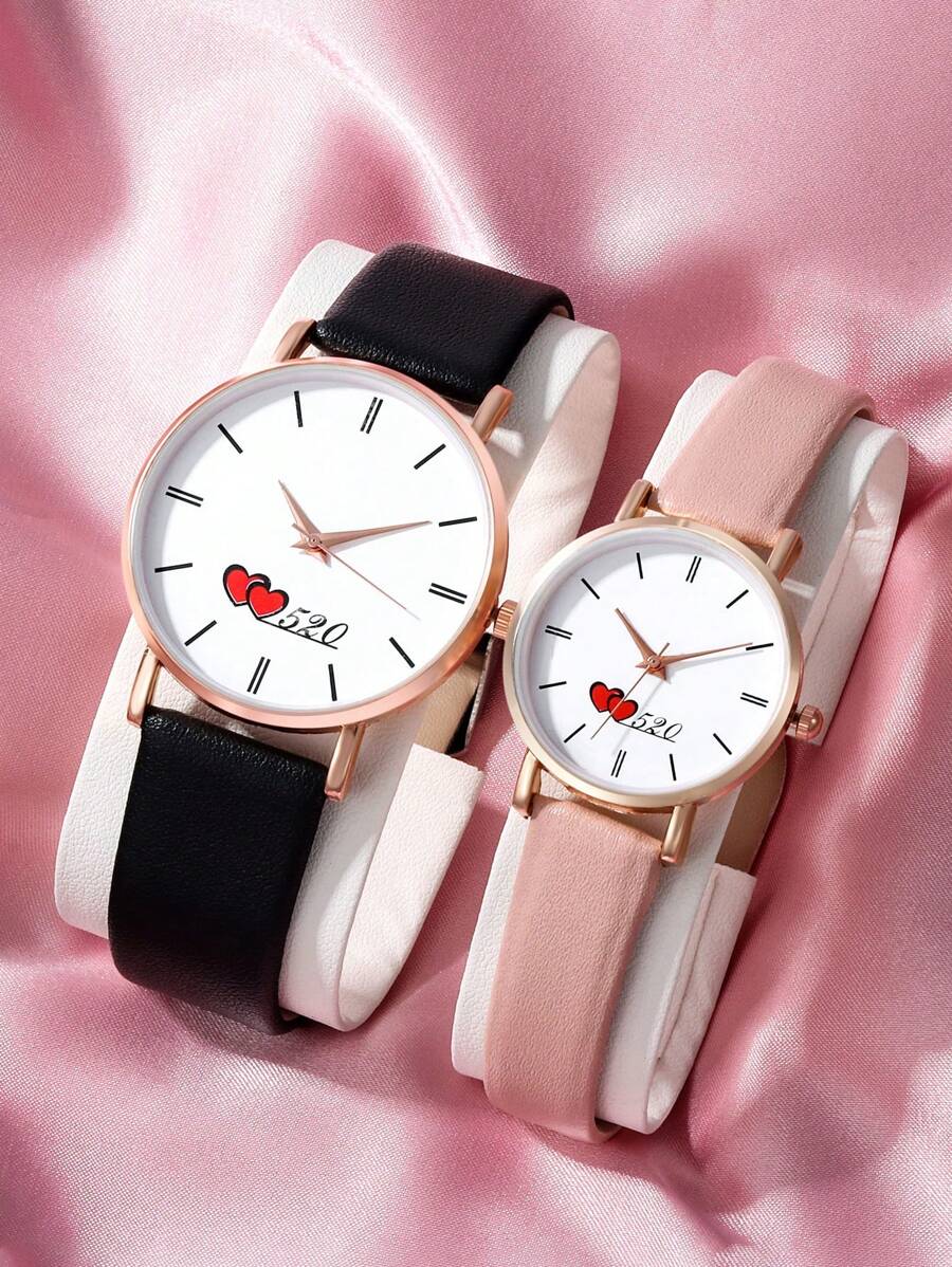 2 cái/bộ Dây đeo PU Bộ đồng hồ đeo tay cặp đôi trái tim tình yêu - Nhiều màu - Xem 1