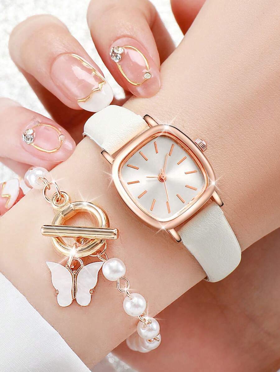 2 Cái/bộ Nữ Dây Đeo PU Hình Vuông Mặt Số Tối Giản Quy Mô Đồng Hồ & Vòng Tay Thạch Anh - trắng - Xem 1