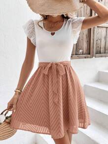 SHEIN Frenchy Colourblock Keyhole Neckline Contrast Mesh Ruffle Trim Belted Dress - Dusty Pink - View 7