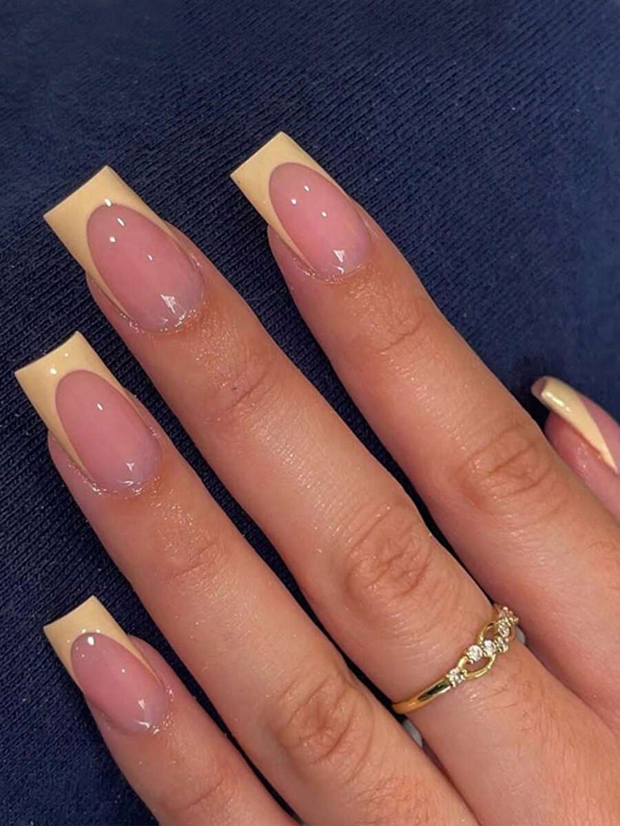 Actualice su apariencia con 24 piezas de uñas postizas cuadradas largas al estilo francés en color amarillo, conjunto de uñas de presión y suministros de uñas uñas falsas uña falsa uña acrílica - Multicolor - Ver 1