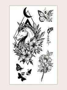 1入組黑色獨角獸和花朵和蝴蝶和鑽石圖案臨時紋身貼適用於手臂、手腕和身體 - 黑色 - 查看 2
