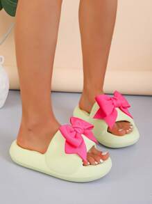 Preppy Slippers For Women, Bow Decor Single Band Slides - Green - View 2