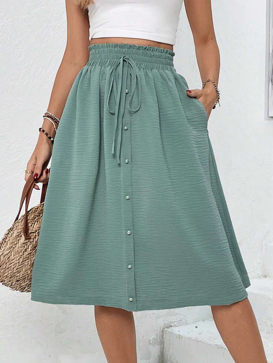 SHEIN Frenchy Váy nữ Thắt nút Túi Quần paper-bag Nút màu trơn Giải trí - màu xanh lá - Xem 1