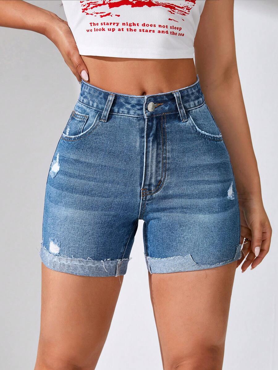 SHEIN EZwear 破洞卷邊牛仔短褲 - 中等水洗藍 - 查看 1