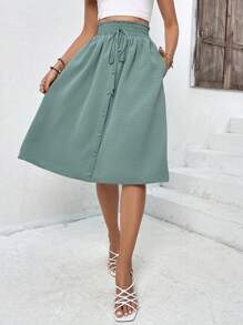 SHEIN Frenchy Váy nữ Thắt nút Túi Quần paper-bag Nút màu trơn Giải trí - màu xanh lá - Xem 3