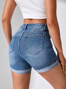 SHEIN EZwear 破洞卷邊牛仔短褲 - 中等水洗藍 - 查看 2