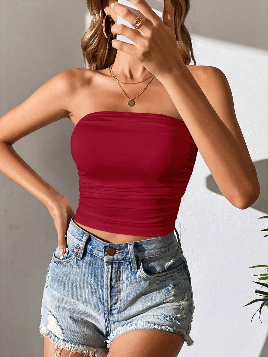 SHEIN Tall 素色側收褶短款抹胸上衣 - 紅色 - 查看 1