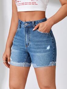 SHEIN EZwear 破洞卷邊牛仔短褲 - 中等水洗藍 - 查看 4