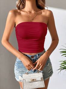 SHEIN Tall 素色側收褶短款抹胸上衣 - 紅色 - 查看 3