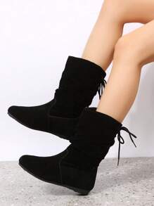 秋冬女士优雅黑色靴子，系带装饰仿麂皮一脚蹬休闲靴，搭配黑色裙子 - 黑色 - 查看 3