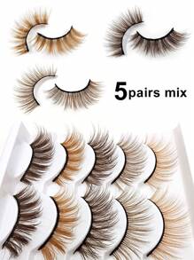 5pairs Mix Brown False Eyelashes Coffee Color Blonde Fake Lashes Natural Colored Strip Eyelashes - Multicolor - View 1