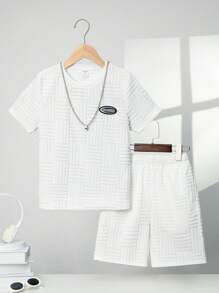 SHEIN 男孩字母貼布T恤和短褲無項鏈 - 白色 - 查看 1