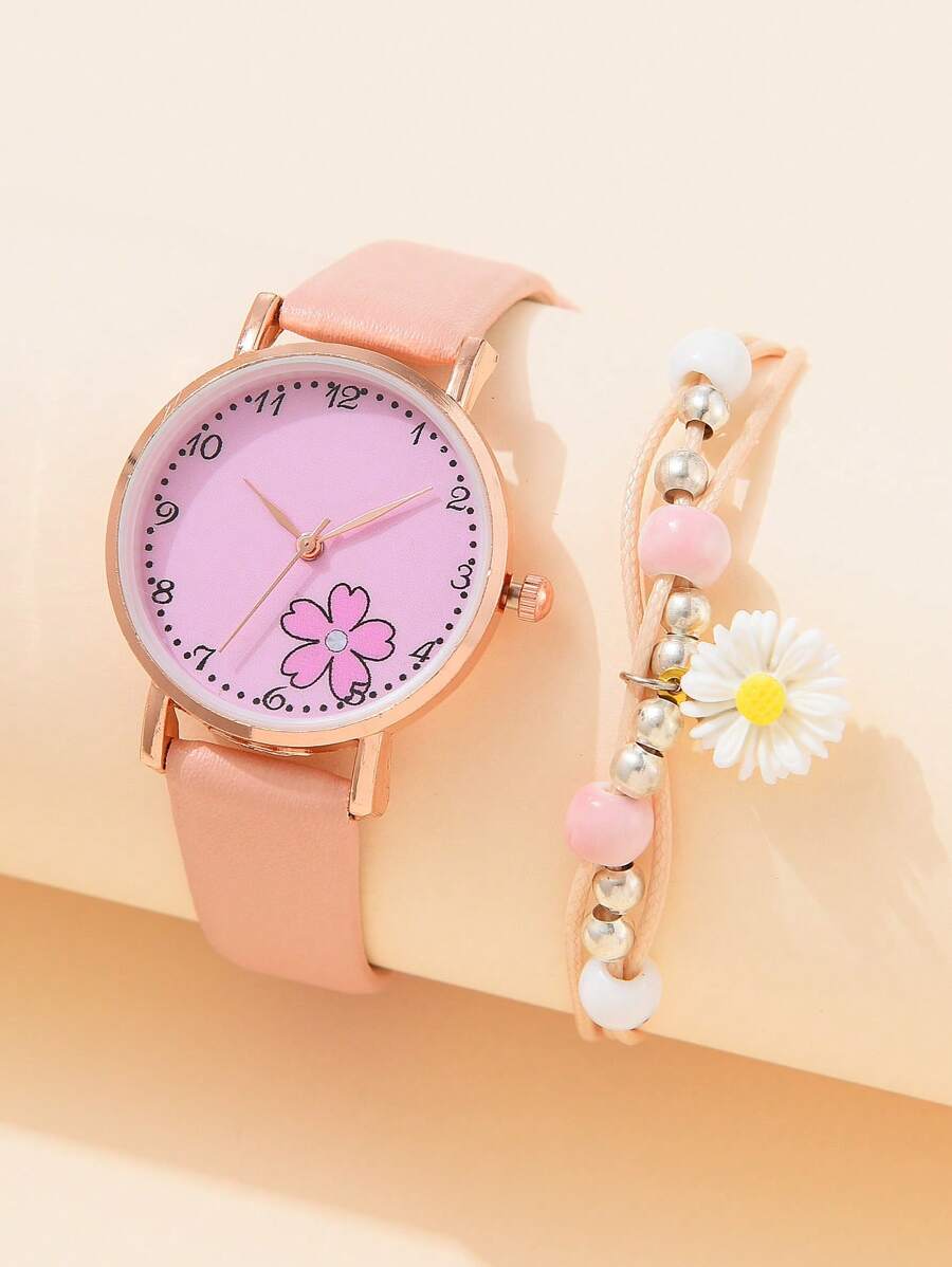 2入組/套女士們PU皮革帶石英表和雛菊手環適用於節假日和派對 - 粉色 - 查看 1
