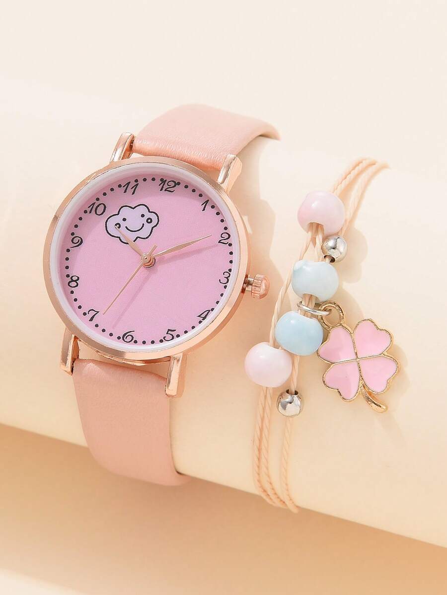 cái/bộ Đồng hồ thạch anh dây đeo PU nữ với vòng đeo tay cỏ ba lá cho ngày lễ/tiệc - Hồng - Xem 1