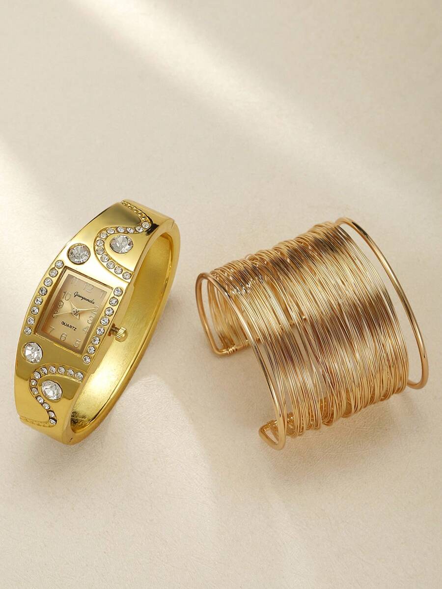 時尚復古風格女式手錶帶水鑽細節和朋克手鍊 - 金色 - 查看 1
