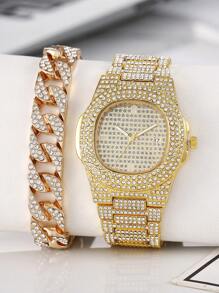 1 pieza cuadrado diamantes de imitación brillante de hombres Reloj con 1 pieza Pulsera - Dorado - Ver 1