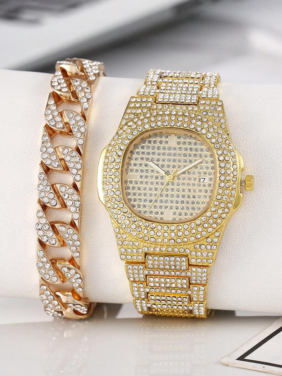 1 pieza cuadrado diamantes de imitación brillante de hombres Reloj con 1 pieza Pulsera - Dorado - Ver 1