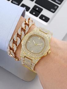1 pieza cuadrado diamantes de imitación brillante de hombres Reloj con 1 pieza Pulsera - Dorado - Ver 2