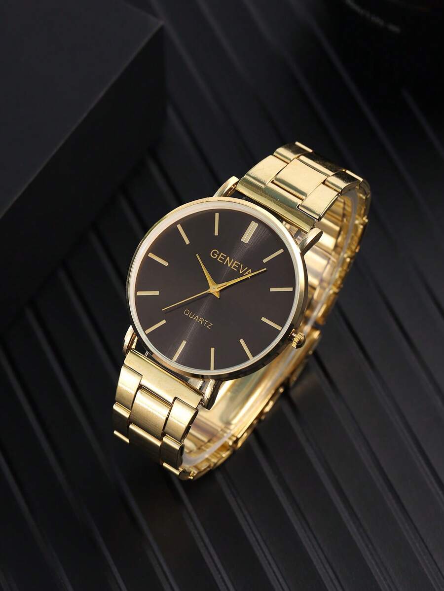 1入組男士金色鋅合金錶帶商務圓形錶盤石英手錶適合日常生活 - 金色 - 查看 1