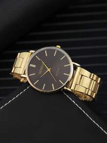 1入組男士金色鋅合金錶帶商務圓形錶盤石英手錶適合日常生活 - 金色 - 查看 3