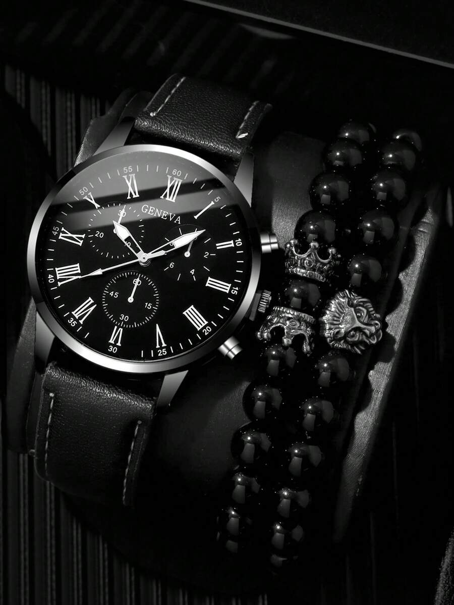 3 cái/bộ Bộ vòng tay & đồng hồ thạch anh nam công sở thời trang dành cho quý ông - màu đen - Xem 1