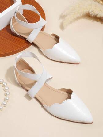 Elegant White Flats For Women, Crocodile Embossed Scallop Trim Point Toe Ballet Flats