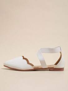 Elegant White Flats For Women, Crocodile Embossed Scallop Trim Point Toe Ballet Flats