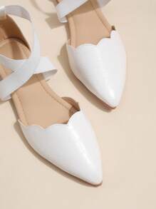 Elegant White Flats For Women, Crocodile Embossed Scallop Trim Point Toe Ballet Flats