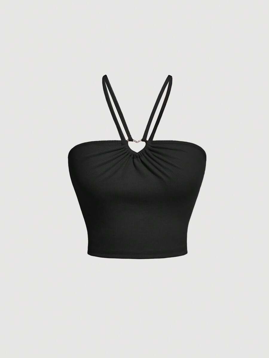 SHEIN MOD 素色心形環鏈掛脖上衣 - 黑色 - 查看 1