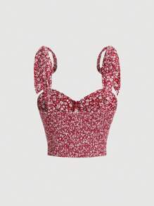 SHEIN MOD 碎花肩上打結寬肩帶上衣 - 紅白色 - 查看 2