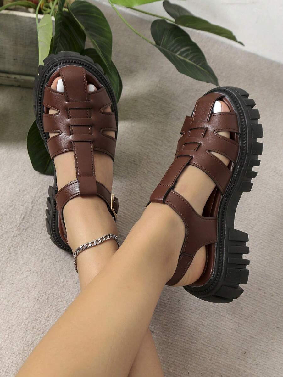 Vacation Sandals For Women, Buckle Decor Flatform Gladiator Sandals,Spring Summer Outfits - Brown - View 1