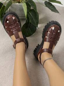 Vacation Sandals For Women, Buckle Decor Flatform Gladiator Sandals,Spring Summer Outfits - Brown - View 3