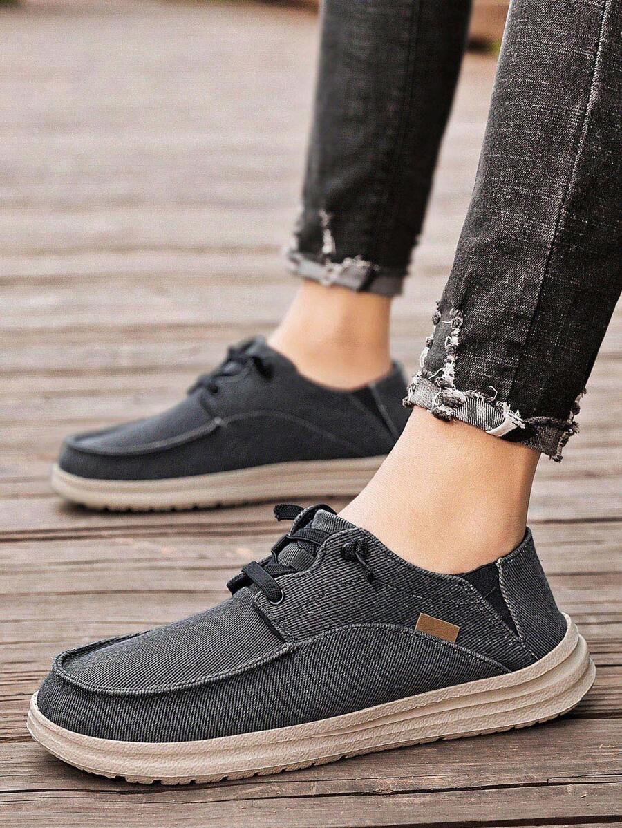Giày Lười Nam Màu Xám Thời Trang, Giày Lười Phối Ren Phía Trước Tối Giản - Màu xám đen - Xem 1